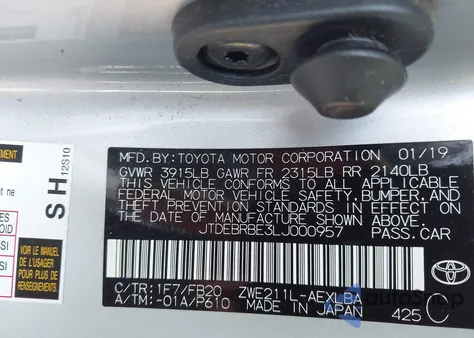 2020 Toyota Corolla Hybrid Le z USA, uszkodzony, nr VIN JTDEBRBE3LJ000957